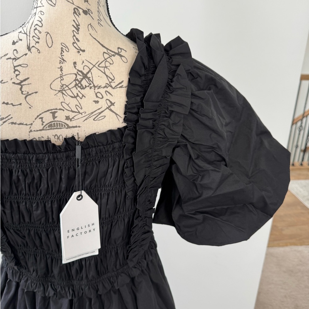 NWT English Factory Puff Sleeve Square Neck Smocked Midi Dress Black Size L - Picture 10 of 15